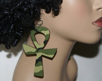 Large Wood Ankh Earrings- Camo