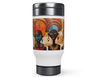 Tribal Inspired Stainless Steel Travel Mug with Handle, 14oz Afrocentric Travel Mug African Heritage Mug