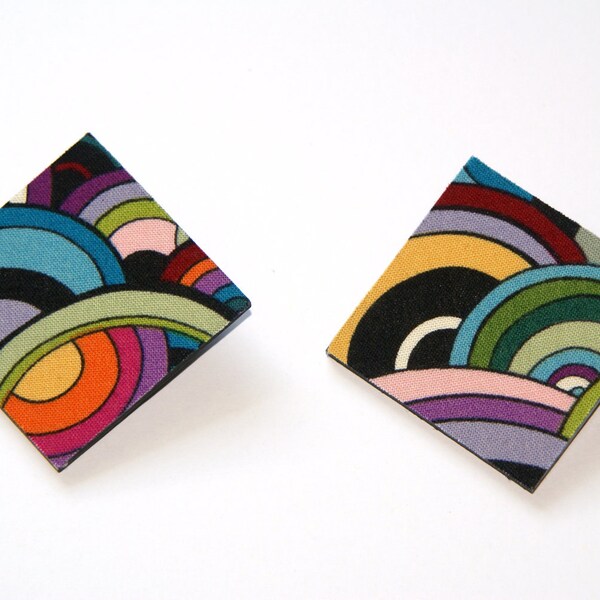 Large Stud Earrings - Fabric Covered Wood Earrings