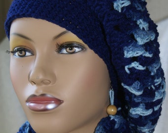 Crochet Tam with Matching Earrings-Navy Blue  Made To Order