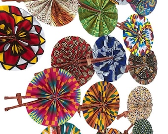 Abanicos de mano surtidos con estampados textiles africanos – Tela Ankara vibrante, accesorio de verano hecho en Ghana