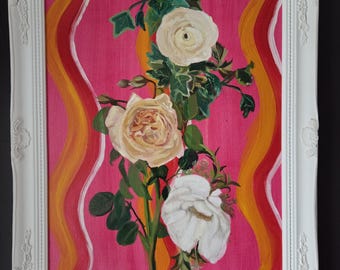 SOLD! Framed Art Oil Painting of Bright Roses on Pink Backdrop