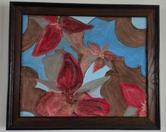 Framed Red and Blue Flower Oil Painting