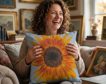 Hand-painted Sunflower Pillow | Sky Blue Boho Farmhouse Decor