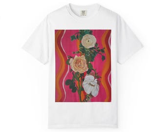 Handpainted White and Pink Roses T Shirt