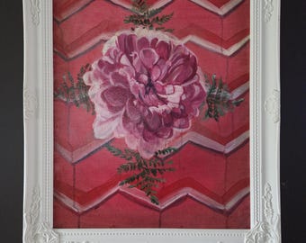 Framed Oil Painting of Pink Dahlia Flower on Patterned Blanket Wall Decor