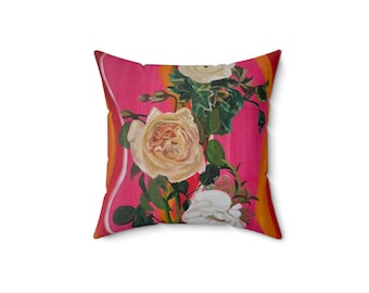 Handpainted Floral Throw Pillow Decoration | Custom Pink and White Flower Pillow