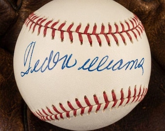 Bola de beisebol oficial da Liga Americana autografada por Ted Williams, com certificado de autenticidade incluso.
