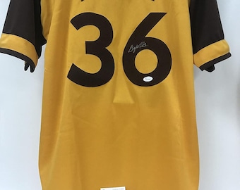 Camisa de beisebol amarela do San Diego, autografada por Gaylord Perry e autenticada pela JSA.