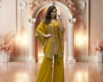 Yellow Faux Georgette Kurta Palazzo Set with Sequence Embroidery