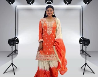 Completo arancione in seta Gmy ricamato con dupatta – Abito indiano pakistano pronto da indossare