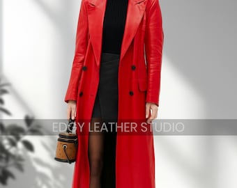 Women’s Red Real Leather Long Trench Coat, Double Breasted Stylish Winter Coat