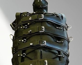 Real Black Leather Full Body Restraint Suit – Handmade Buckle Bondage Bag – Gothic Fetish Costume – Adjustable Straps Bodysuit