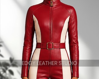 Women’s Real Leather Red Catsuit | Slim Fit Front Zip-Up Jumpsuit with Belt