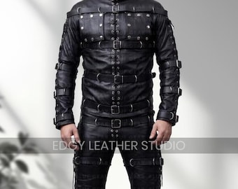 Men's Real Black Leather Restraint Suit Straitjacket And Pants Heavy Duty Restriction LARP Catsuit