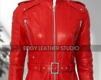 Women’s Red Genuine Leather Jumpsuit – Slim Fit Zip-Up Catsuit with Belt