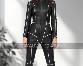 Mono negro de piel auténtica para mujer – Cremallera frontal completa con ribete blanco