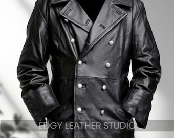 Men's Real Black Long Leather Trench Coat – Double Breasted Gothic Steampunk Jacket