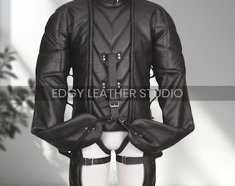 Men’s Genuine Black Leather Straitjacket – Bondage Restraint Armbinder Straight Jacket