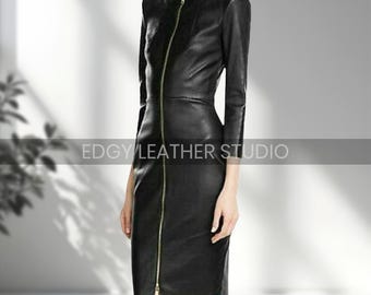 Women's Real Black Leather Midi Dress | Front Zipper Slim Fit Bodycon Dress