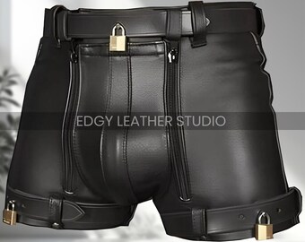 Men’s Real Black Leather Fetish BDSM Shorts – Back Zip Clubwear