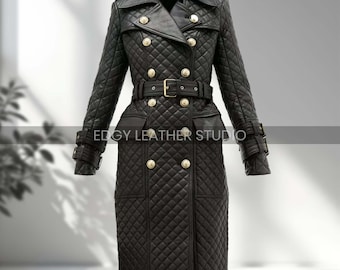 Women's Genuine Black Leather Quilted Trench Coat – Double-Breasted Leather Dress
