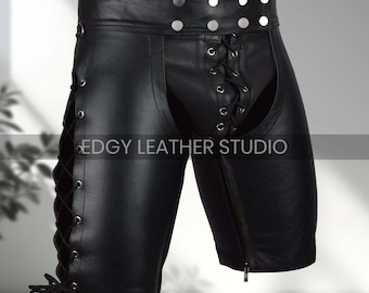 Men’s Black Leather Lace-Up Clubwear Shorts – Gothic Biker Fetish Style with Studded Waist