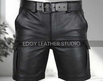 Men’s Real Black Leather Cargo Shorts with Side Pockets & Free Leather Belt