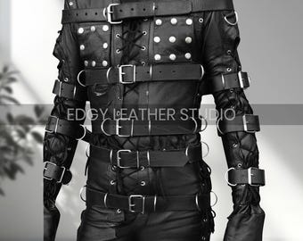 Men’s Genuine Black Leather Bondage Suit with Heavy Straps