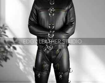 Men's Genuine Black Leather Straitjacket Set with Zipper Pants