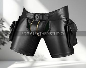 Men’s Black Genuine Leather Cargo Shorts – Bondage Fetish Style with Side Pockets