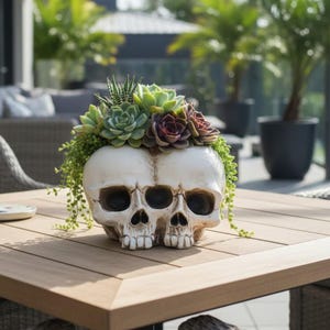 May include: A white skull-shaped planter with two faces, filled with a variety of succulents in shades of green and burgundy. The planter sits on a wooden table, with a blurred outdoor background.