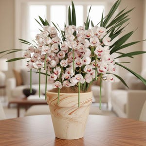 May include: A floral arrangement featuring white orchids with red accents and green stems, displayed in a cream-colored, marbled ceramic pot. The arrangement includes long, green leaves, creating a natural aesthetic.