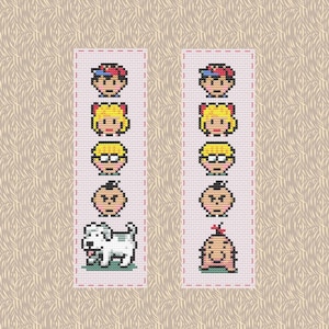 May include: Two pixel art bookmarks featuring characters from a video game. Each bookmark has a pink border and displays a series of character portraits, including a boy with a cap, a girl with blonde hair, a person with glasses, a baby, and a dog.