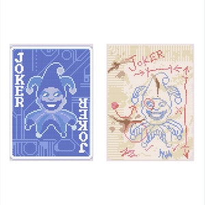 May include: Two playing card designs featuring a joker. The left card is blue with the word "JOKER" vertically on both sides. The right card is a cross-stitch design with the word "Joker" and arrows.