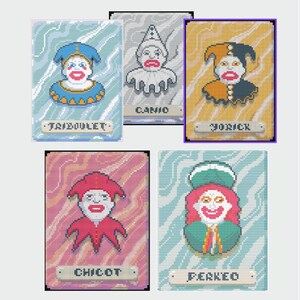 May include: Five colorful, pixelated cards featuring jesters with various costumes and expressions. Each card has a name at the bottom: Triboulet, Canio, Yorick, Chicot, and Perkeo. The cards have different background patterns.
