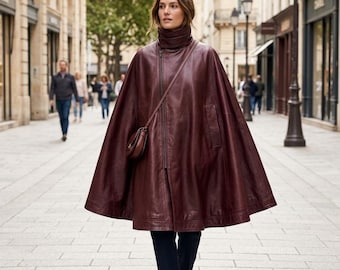 Burgunder Leder Umhang - Mantel - High Neck Zip Oversized Poncho Oberbekleidung