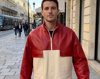 Red Cream Leather Racing Jacket, Unisex Vintage Biker Coat, Formula Inspired Streetwear