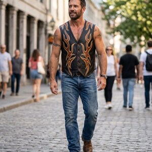 Men's Black Leather Flame Biker Vest, Motorcycle Club Waistcoat, Gothic Punk Style