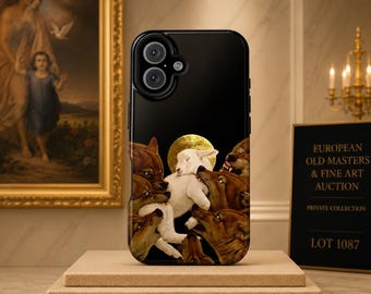 May include: A black smartphone case featuring a graphic print of a white lamb surrounded by several brown wolves against a dark background with a gold circular element behind the lamb. The case has a dual camera cutout in the upper left corner.