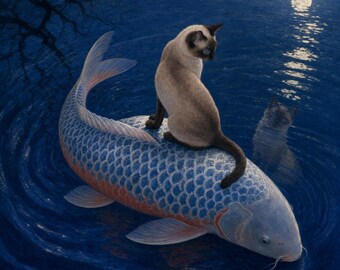 Moonlight Silverpoint Cat Riding Koi Canvas Print or Poster, Indigo Pond Wall Art