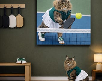 Pickleball Action Cat Portrait Canvas - Custom Cat Wall Art