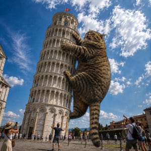 May include: A giant brown tabby cat clings to the side of the Leaning Tower of Pisa. The stone tower features multiple levels of arched columns and a red flag at the top. Below, people stand on the ground, looking up at the cat and the tower.