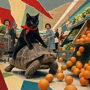 May include: A black cat wearing a red bandana sits atop a large tortoise in a grocery store aisle. Numerous oranges are scattered on the floor near a wooden crate of produce. People in the background appear surprised while shopping in the store.