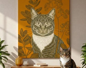Botanical Cyanotype Cat Portrait Canvas - Custom Cat Wall Art
