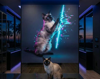 Digital Glitch Reality Cat Portrait Canvas - Custom Cat Wall Art