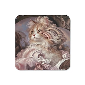 Sous-verre Chat orné de perles dans des nuages ​​rococo, sous-verre en liège (9,5 cm)