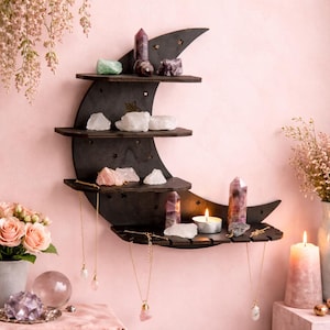 Estante de madera con forma de media luna, exhibición de cristales celestiales, decoración bohemia de brujas