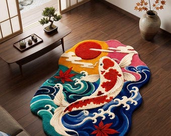 Handmade Koi Fish Tufted Rug, Japanese Area Rug, Red Sun 3DTextured Wool Carpet Housewarming Gift