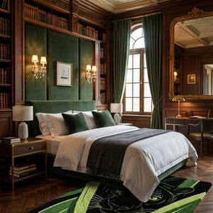 May include: A luxurious bedroom with dark wood paneling, a green velvet headboard, and matching curtains. The bed is made with white linens and dark green pillows. A black and green rug with a tiger design sits on the hardwood floor.